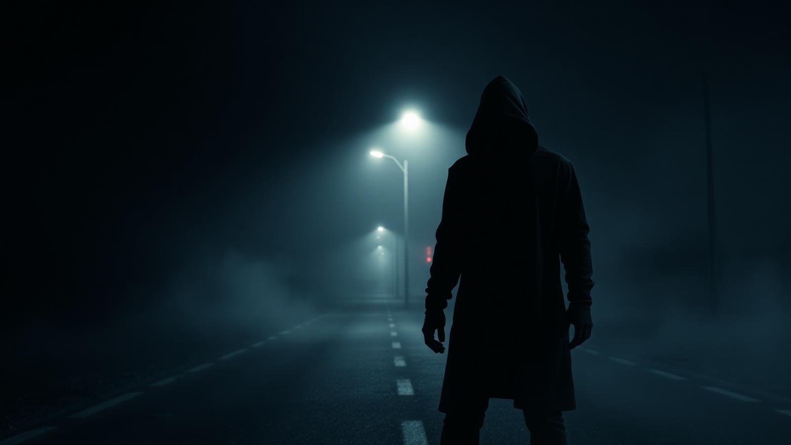 Dark hooded horror figure on a misty road for new HorrorTees horror t shirts printed in the UK
