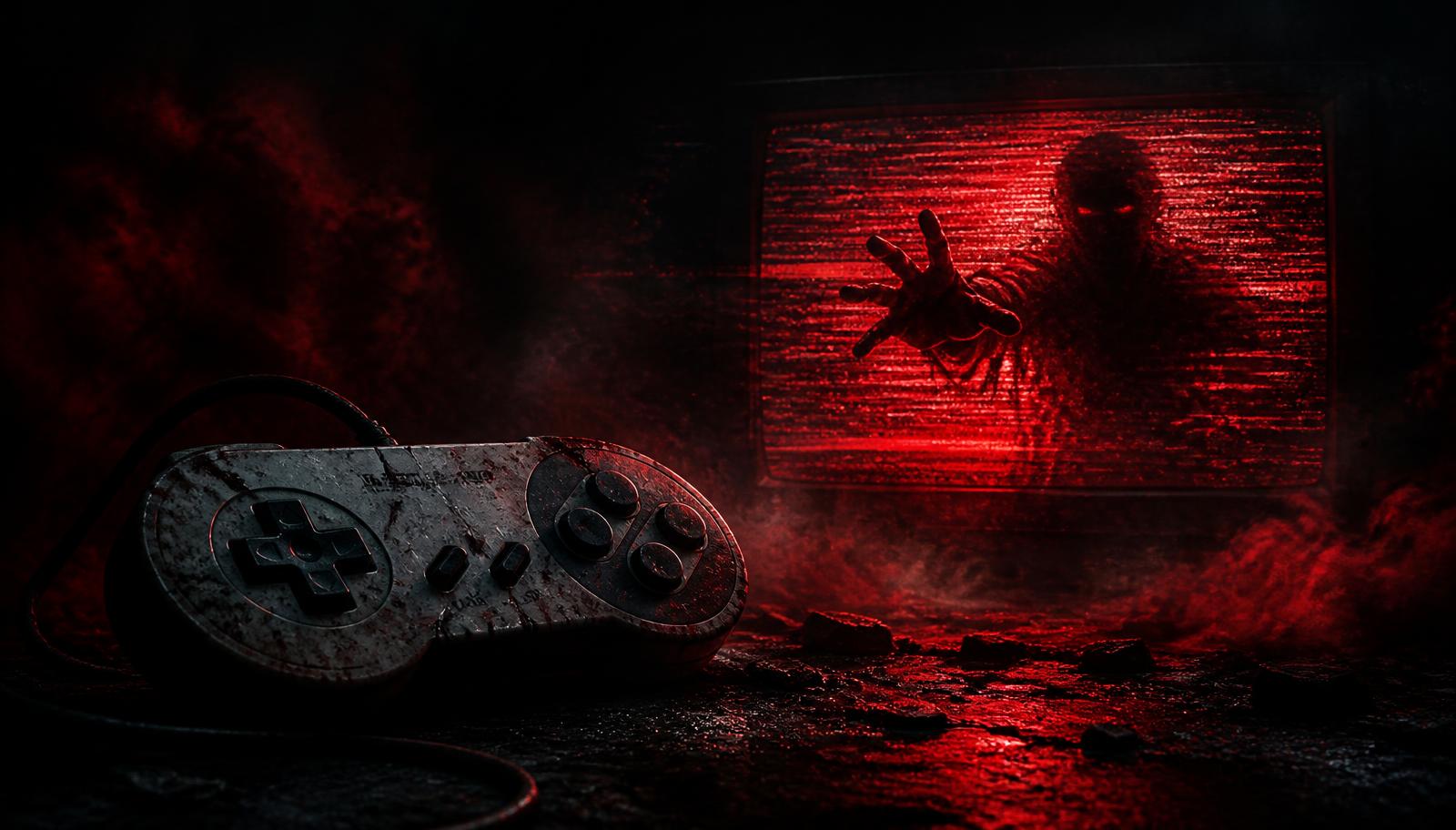 Glitchy red arcade screen and broken controller for the HorrorTees horror games t-shirt collection