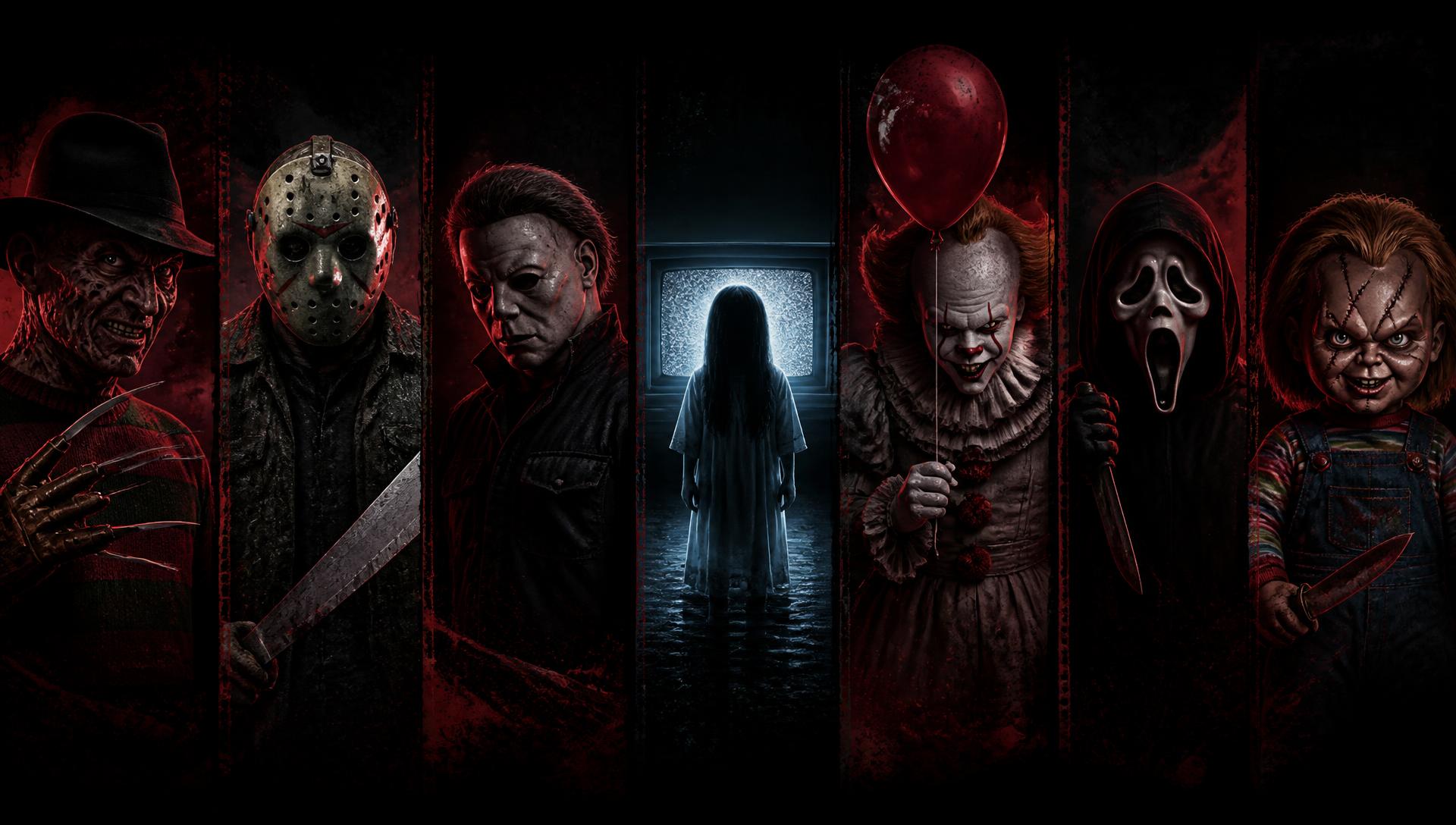 Collage of horror movie characters from the HorrorTees TV and movies t-shirt collection