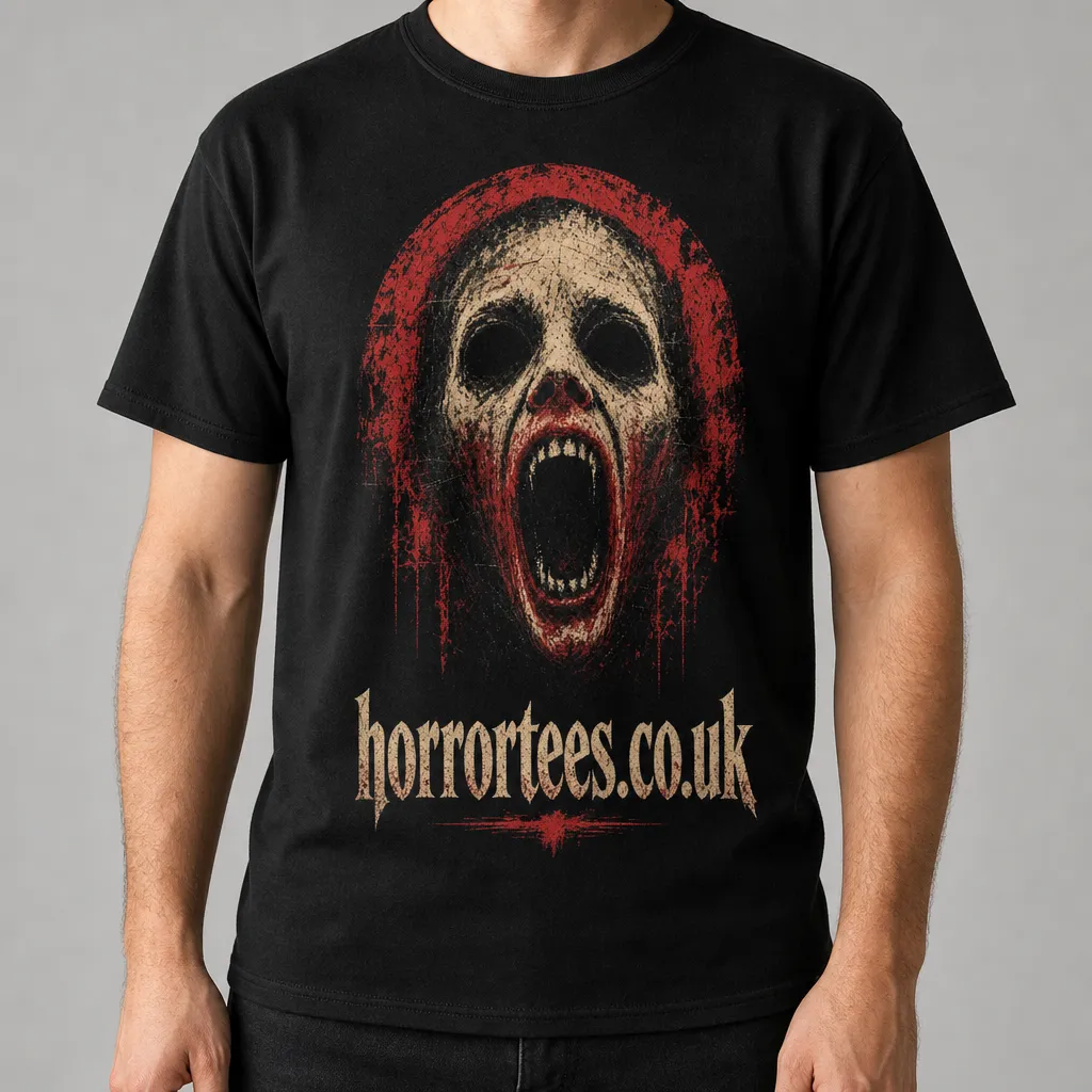 Black HorrorTees t-shirt featuring the Scream horror design