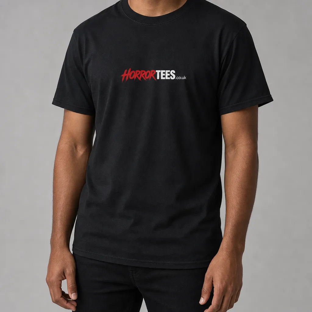 Black HorrorTees t-shirt featuring the HorrorTees horror design
